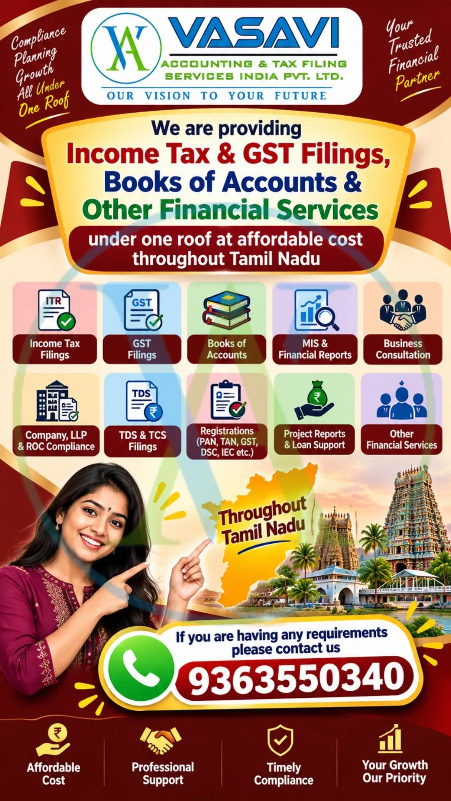 Vasavi Associates poster: Income Tax & GST Filings, Books of Accounts & Other Financial Services