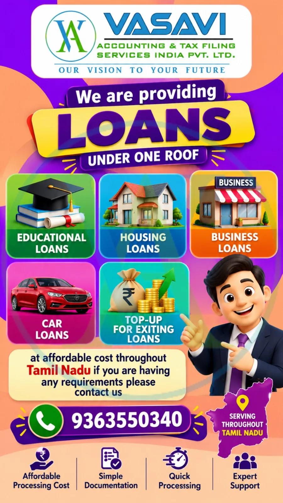 Vasavi Associates poster: Educational, Housing, Business, Car and Top-up Loans under one roof