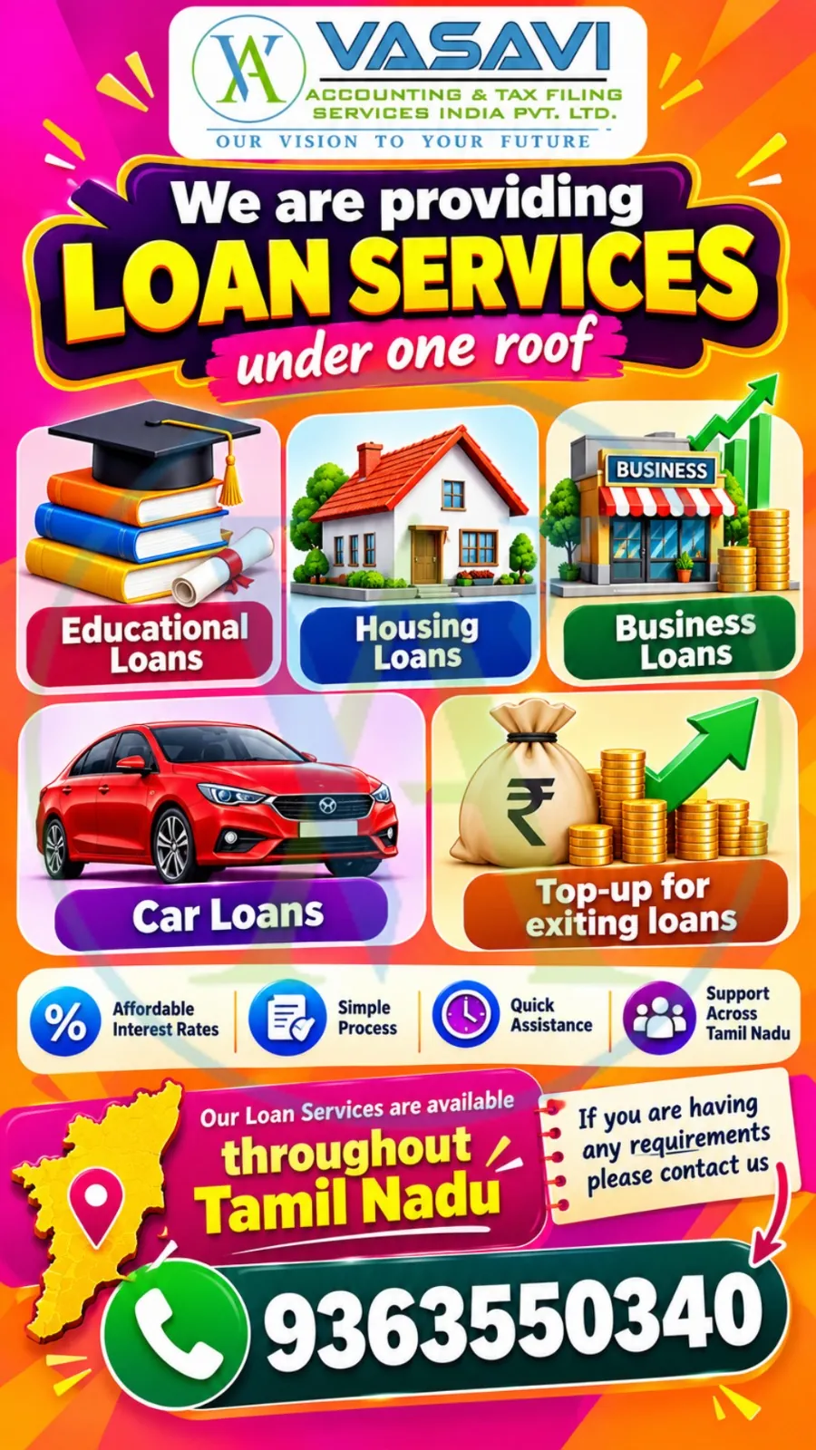Vasavi Associates poster: Loan Services under one roof throughout Tamil Nadu